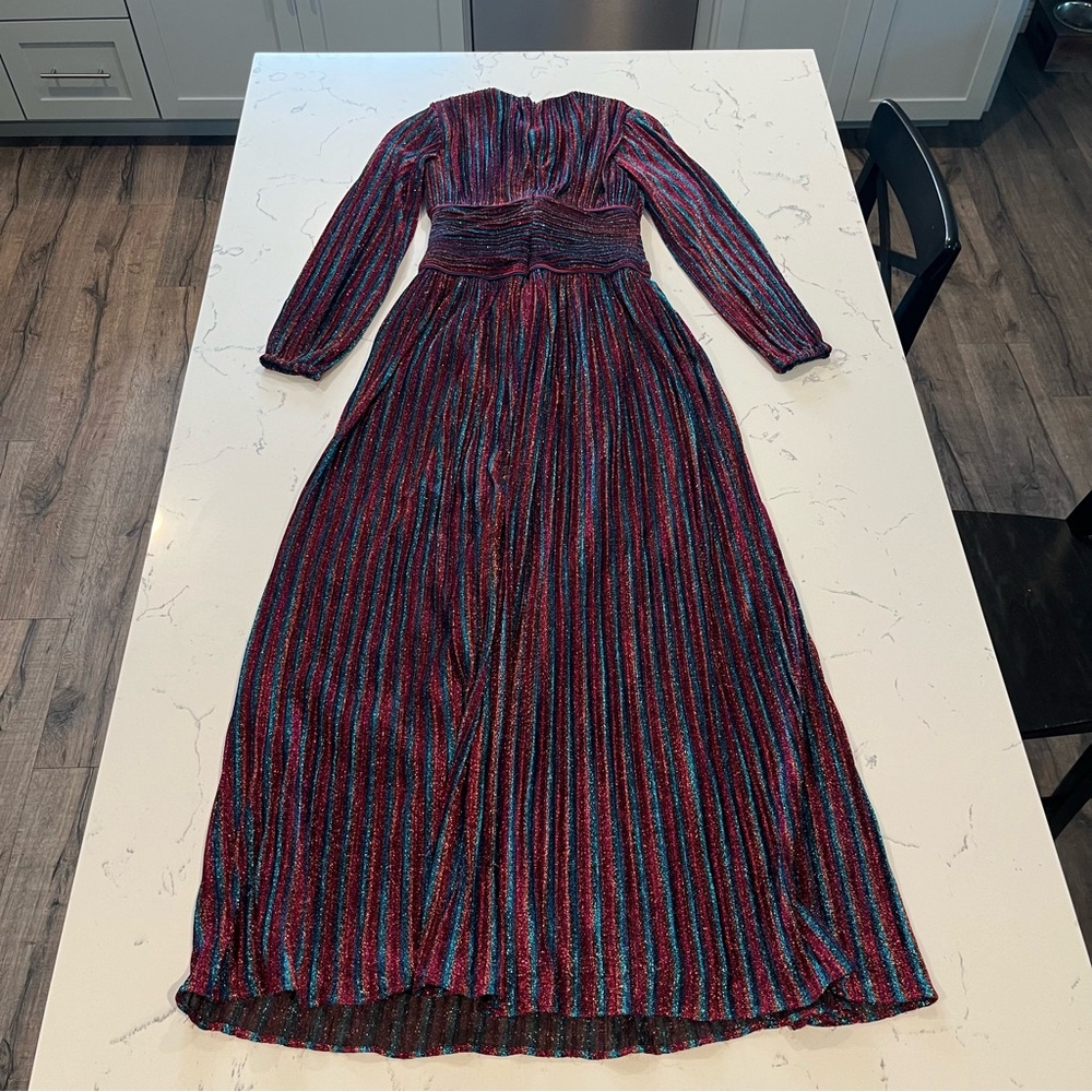 2741 Jonathan Simkhai Rainbow Metallic Pleated Long Sleeve V-Neck Party Gown 4 - Picture 8 of 9